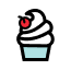A cute cupcake icon with white swirled frosting, a light blue wrapper, and a small red cherry on top.